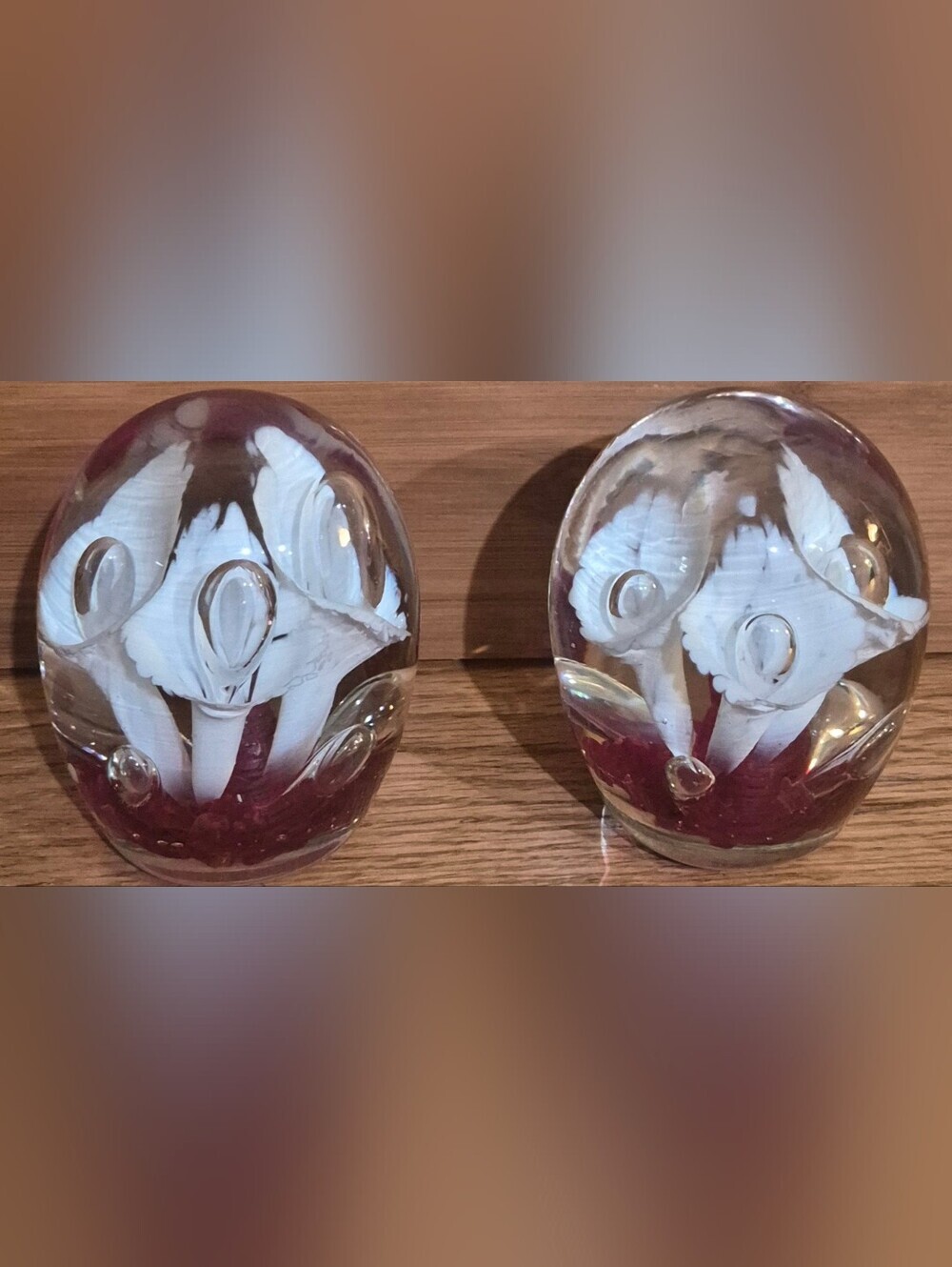 2 Art Glass Paperweights With White Trumpet Flowers On Red Controlled Bubbles - Picture 1 of 5